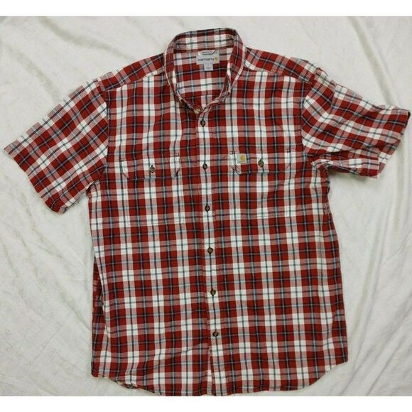 Carhartt Plaid Short-Sleeved Button Up Shirt Relaxed Fit Red/White/Blue Sz L - Picture 1 of 8